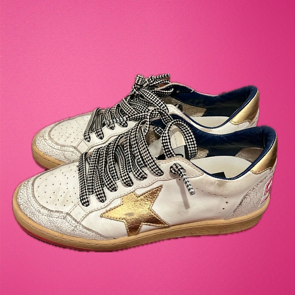 Golden Goose Ball Star - Size 35 Gold with Gingham Laces